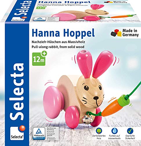Selecta 62023 Hanna Hoppel, Nachzieh Hase, Schiebe-und Nachziehspielzeug aus Holz, 13 cm