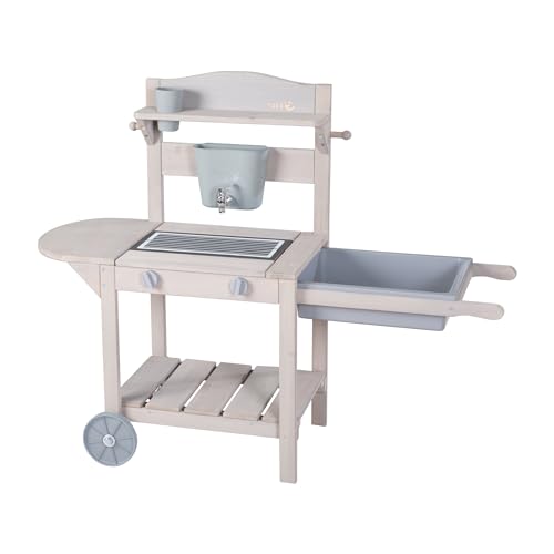 roba Mobile Matschküche BBQ für Kinder - Holz grau lasiert - Outdoor Spielküche ab 18 Monaten mit Rollen & Spielwanne - Multifunktional einsetzbar