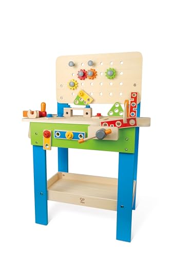 Hape Meister-Werkbank | Preisgekrönte Werkzeugbank für Kinder aus Holz Spielzeug Spiel kreatives Bauen, Höhenverstellbar 35-teilige Werkstatt für Kleinkinder