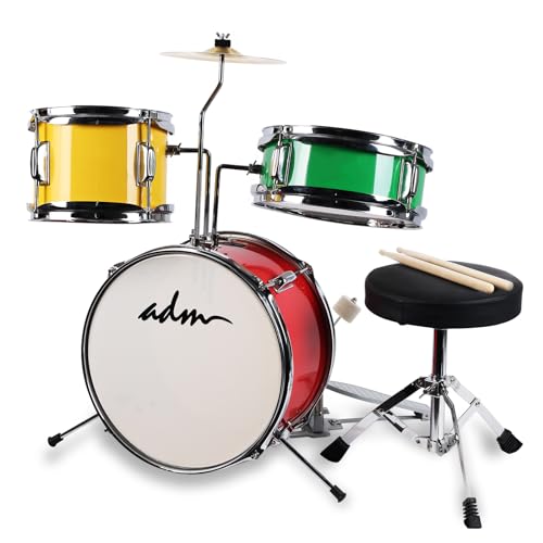 ADM Kinder Schlagzeug Set für Anfänger, von 3-9 Jahren, 14' 3 PC Junior Drum Schlagzeug Kit mit Snare, Tom, Bass Drum, Pedal, Throne, Becken, Drumsticks und Stille Matten(rot, gelb, grün)