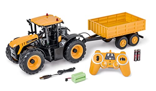 CARSON 500907654 - 1:16 RC Traktor JCB mit Anhänger 2.4G 100%RTR - Ferngesteuertes Fahrzeug, Traktor mit Funktionen Licht und Sound, Ferngesteuerter Traktor, Gelb