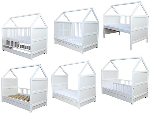 Babybett Kinderbett Bett Haus 140x70 cm mit Matratze Schublade Weiss 0 bis 6 Jahre
