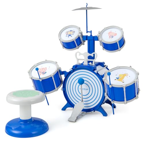 COSTWAY Kinder Schlagzeug Set, Trommel Set mit Hocker, Notenständer & Fußpedal, Schlaginstrument Drum Set für Kinder ab 3 Jahren