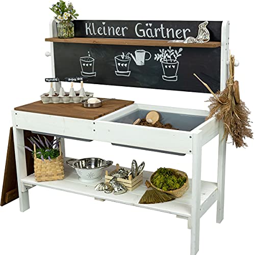Meppi Matschküche Kleiner Gärtner, Weiss - braun - Outdoorküche aus Holz / Pflanztisch für Kinder / Basteltisch für draußen