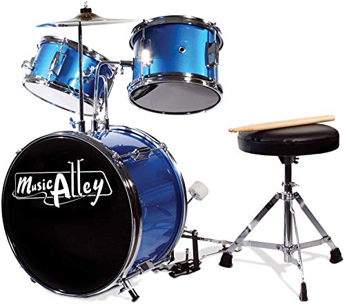 Music Alley Junior Drum Kit für Kinder mit Kick Drum Pedal, Drum Hocker & Drum Sticks - Blau