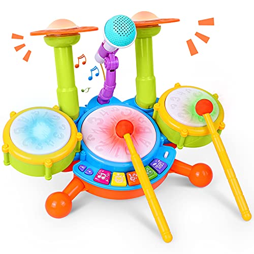 Kinder Trommel Set, Rabing Musikinstrumentenspielzeug mit 2 Trommelstöcken, Beats Flash Light und verstellbarem Mikrofon für Jungen und Mädchen im Alter von 1-12 Jahren