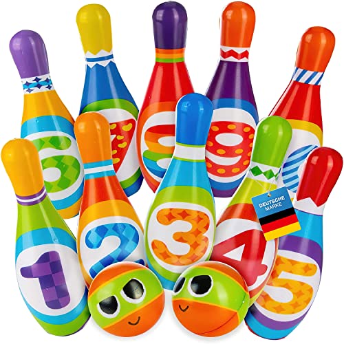 all Kids United® Kegelspiel für Kinder Bowling-Set XXL mit 10 weichen PU Kegeln und 2 Bällen; Pädagogisches Lern-Spielzeug für Drinnen & Draußen aus Schaumstoff (10er Set)