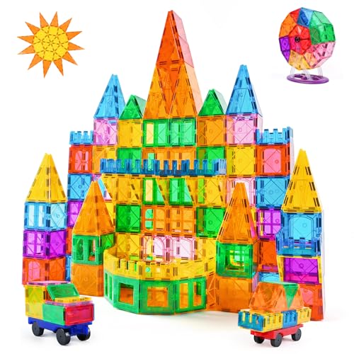 CUIOLTOY Magnetische Bausteine, 121 Teile Starker Magnet Spielzeug Kinder Farbenfrohe Magnetbausteine für Kinder ab 3 4 5 6 Jahre, Magnet Bauklötze mit 1 Riesenrad und 2 Autos