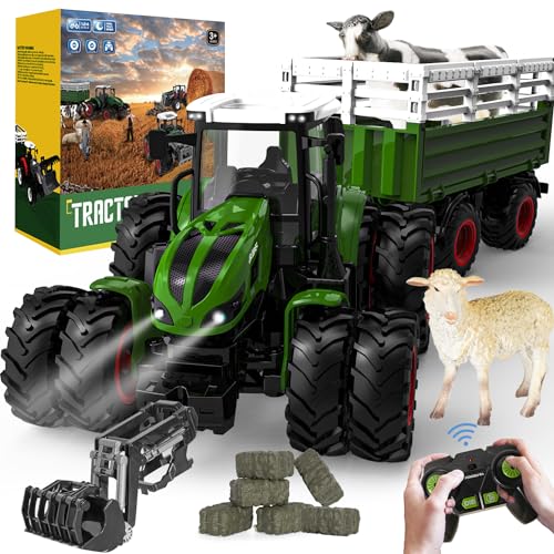 PENGBU RC Ferngesteuerter Traktor Spielzeug ab 2 3 4 5 Jahre, Traktor Ferngesteuert Inklusive 2,4 GHz-Fernsteuerung, Kuh, Schaf und Heuballen, Ferngesteuert Traktor mit Anhänger ab 2-8 Jahre