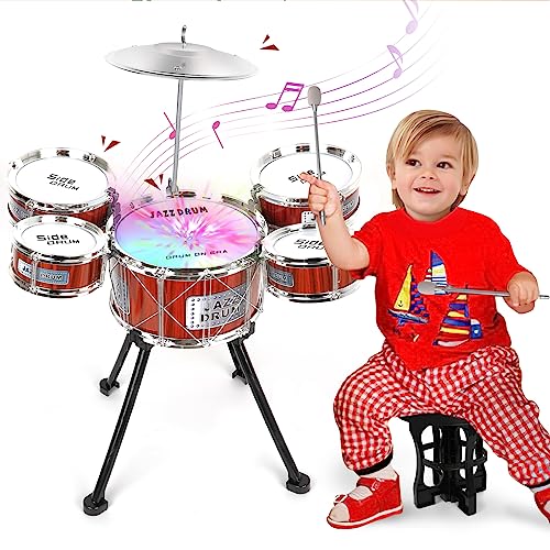 Shayson Drum Set Spielzeug mit Lichtern, Trommel Kinderspielzeug Sets mit 5 Trommeln mit Hocker Percussion Musikspielzeug, Jazz Schlagzeug Musikspielzeug Geschenk für Kinder ab 3 Jahre