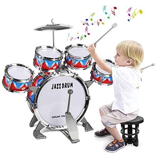 Docam Schlagzeug für Kinder, Kleinkind Jazz-Schlagzeug Set 5 Trommeln mit Hocker Percussion-Musikinstrumente Geburtstag Frühe Erziehung Weihnachtsgeschenk Spielzeug für 3 4 5 6 Jährige Mädchen...