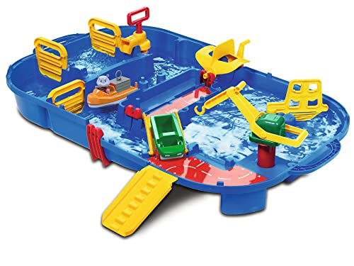 AquaPlay - LockBox - Wasserbahn als Transportkoffer mit 27 Teilen, Spieleset inklusive 1 Hippo Wilma, Amphibienauto und Containerboot, für Kinder ab 3 Jahren, 8700001516, Blau