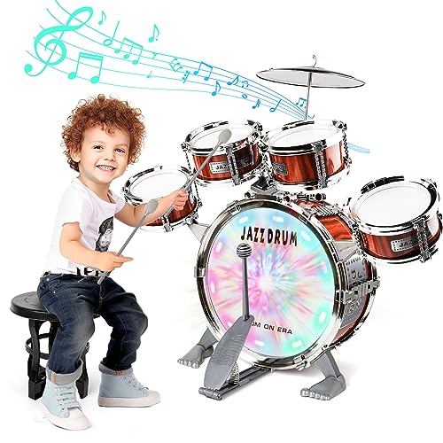 Shayson Schlagzeug Kinder mit Lichtern, Trommel Kinder Spielzeug Sets mit 5 Trommeln mit Hocker Percussion Musikspielzeug, Jazz Schlagzeug Musikinstrument Lernspielzeug Geschenk für Kinder ab 3 Jahre