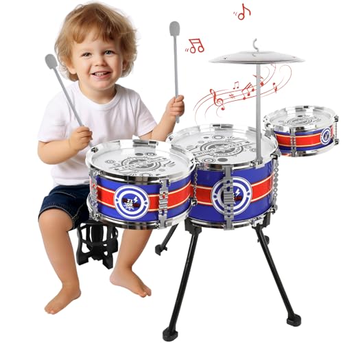 Hilifexll Schlagzeug Kinder, Kinderschlagzeug Jazz Schlagzeug Set mit 3 Trommel und Hocker, Spielzeug Musikinstrumente Kinder ab 3 Jahre, Geburtstag 3 4 5 Jährige Mädchen Jungen
