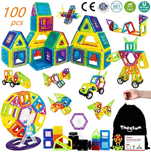 theefun Magnetische Bausteine, 100 Teile Magnetbausteine Magnetspielzeug Magnet Spielzeug Magnetspiele für Kinder Geschenk Magnetic Bauklötze Spielzeug ab 2 3 4 5 6 7 Jahre Junge