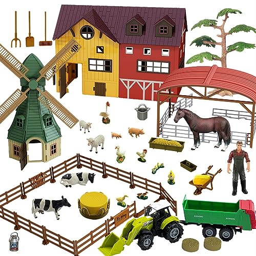 Hyrenee Bauernhof Tiere Spielzeug Set mit Windmühle Haus Pferd Stall Traktor Anhänger Tierfiguren Landwirt Zaun Spielset Kinder Jungen Mädchen für 3-7 Jahre alt